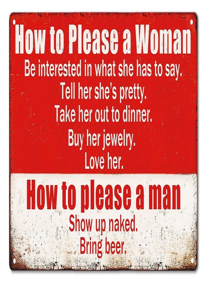 Fmcmly Funny Garage Sign Humor Man Cave Bar Art Decorations, How To Please A Woman And A Man Sign, Vintage Metal Tin Signs Home Kitchen Bedroom Wall Decor 8x12 Inch - Image 1